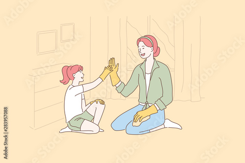 Concept of a happy family, housekeeping, child, parent. Young beautiful woman with her daughter clean, play, laugh at home. Cartoon flat Design Isolated Vector illustration