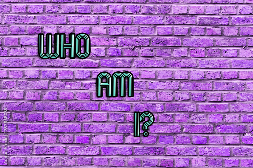 Fototapeta premium Conceptual hand writing showing Who Am Iquestion. Concept meaning Selfconsciousness own demonstratingality identity character Brick Wall art like Graffiti motivational call written on the wall