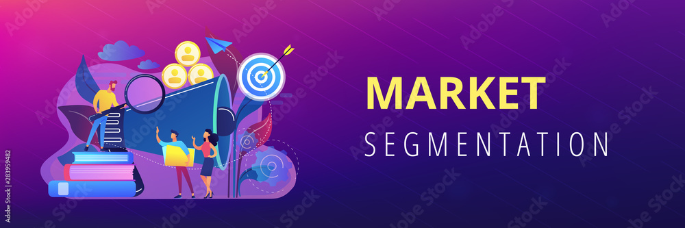 Businessman look with magnifier at target group. Market segmentation and adverts, target market and customer concept on white background. Header or footer banner template with copy space. Businessman look with magnifier at target group. Market segmentation and adverts, target market and customer concept on white background. Header or footer banner template with copy space.