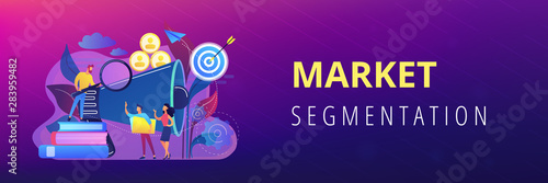 Businessman look with magnifier at target group. Market segmentation and adverts, target market and customer concept on white background. Header or footer banner template with copy space.