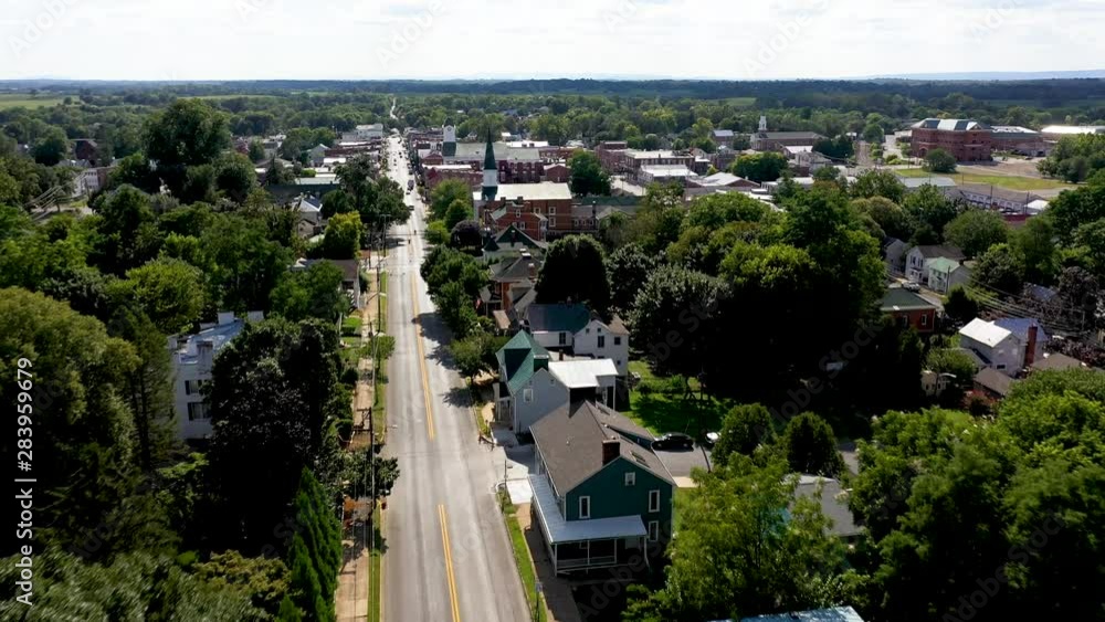 Aerial view pushing in towards county courthouse in Charles Town, West Virginia. Aerial view pushing in towards county courthouse in Charles Town, West Virginia.