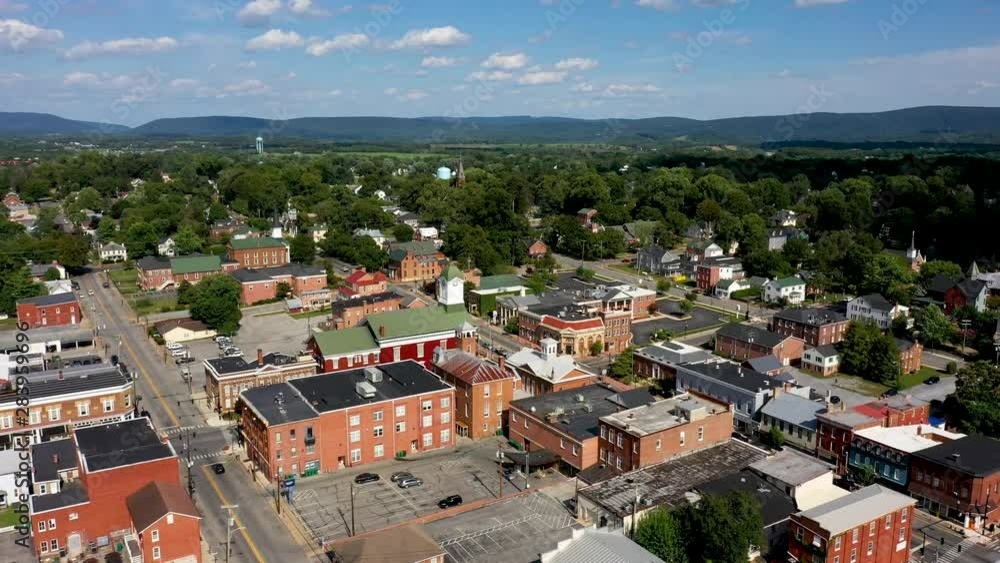 Low aerial orbit to the left with county courthouse centered in Charles Town, West Virginia. Low aerial orbit to the left with county courthouse centered in Charles Town, West Virginia.