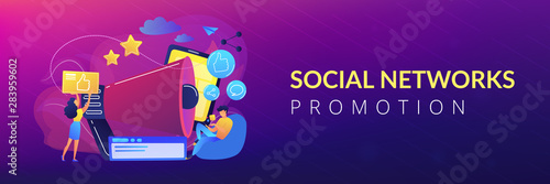 Users with like and share icons and megaphone. Like comment share giveaway, social networks promotion, like farming concept on white background. Header or footer banner template with copy space.