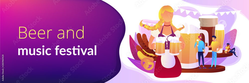 Obraz premium Pretty girl with beer mugs and tiny business people at festival talking and drinking. Beer fest, street brewing, beer and music festival concept. Header or footer banner template with copy space.