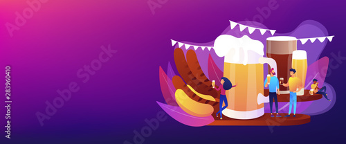 Tiny business people at festival talking and drinking beer, huge mug and sausages. Beer fest, street brewing, beer and music festival concept. Header or footer banner template with copy space.