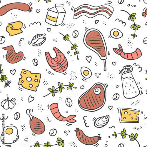 Carnivore diet seamless pattern. Food pattern with pork, meat, shrimp, egg, cheese, sausage, fish, steak,bacon,butter, rosemary. Healthy food texture for textile, linen, fabric. Be carnivore. 