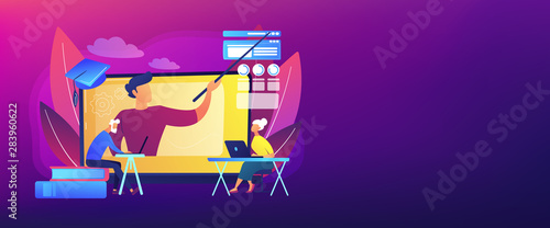 Webinar, Internet lesson. Distance university tutor, educator. Online learning for seniors, online courses for seniors, additional education concept. Header or footer banner template with copy space.