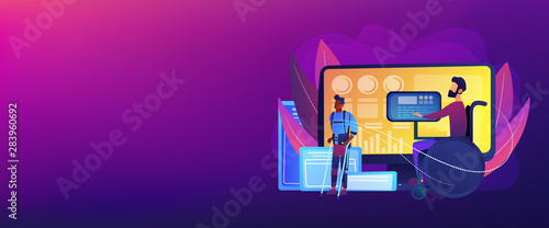 Handicapped man in wheelchair. Injured character rehabilitation. Assistive technology, devices for disabled people, adopted technologies concept. Header or footer banner template with copy space.
