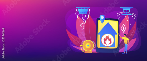 Flame in house remote notification. Smart home, high tech. Fire alarm system, fire prevention methods, smoke and fire alarm concept. Header or footer banner template with copy space.