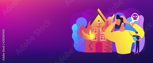 Demolished house in flame  natural disaster. Uninsured burnt property damages. Fire consequences  fire hazards losses  fire victims found concept. Header or footer banner template with copy space.