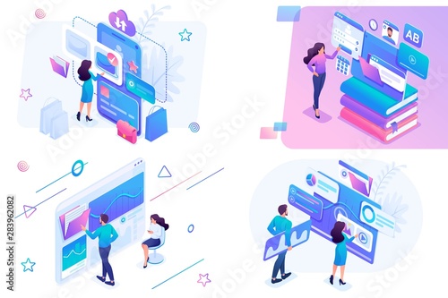 Set isometric on the topics of online shopping, statistical analysis, digital marketing. For website and mobile website development