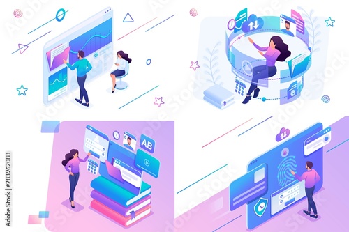 Set isometric on the topic of online training, information security, data Analytics. For website and mobile website development