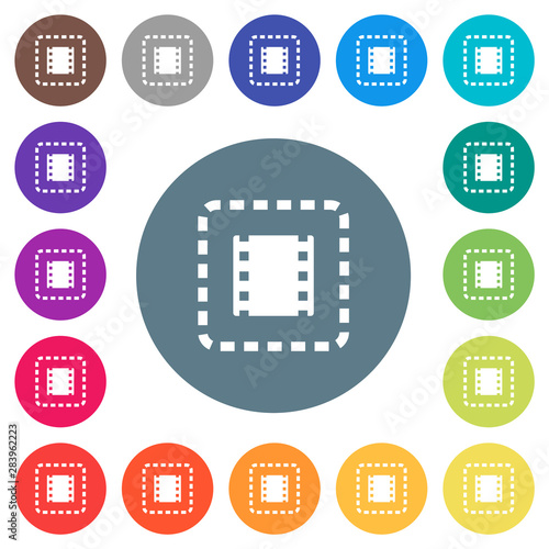 Place movie flat white icons on round color backgrounds