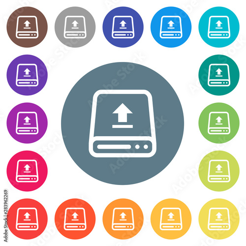 Upload from hard drive flat white icons on round color backgrounds