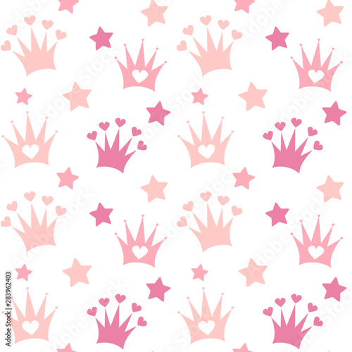 cute lovely seamless vector pattern background baby print illustration with doodle crown and stars 