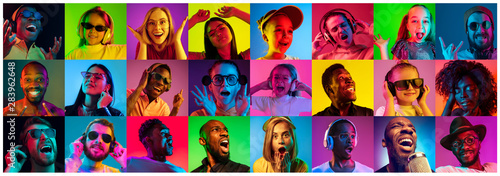 Beautiful people portrait isolated on bright neon light backgroud. Young, smiling, surprised, screaming. Human emotions, facial expression. Creative collage made of different photos of 12 models.