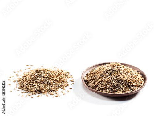 Cumin seeds (Cuminum), jeera in a clay plate and on a white background