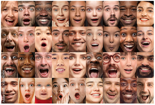 Close up portrait of young people. Human emotions, facial expression. People wondered, astonished, screaming and crazy in happiness, thinking. Creative collage made of different photos of 35 models.