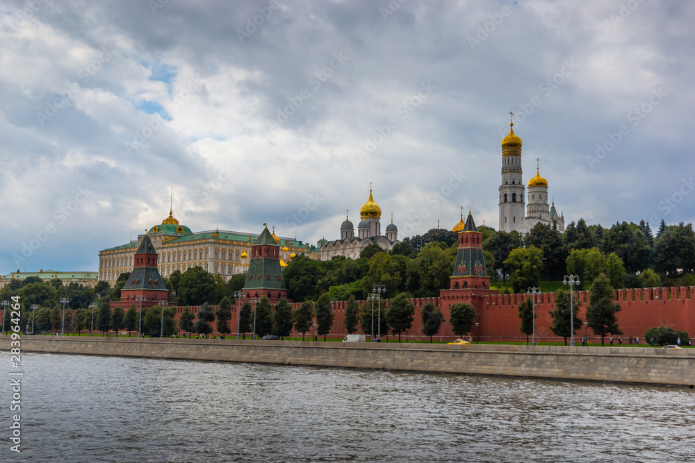 Landscape overlooking the river and buildings of the Moscow Kremlin.