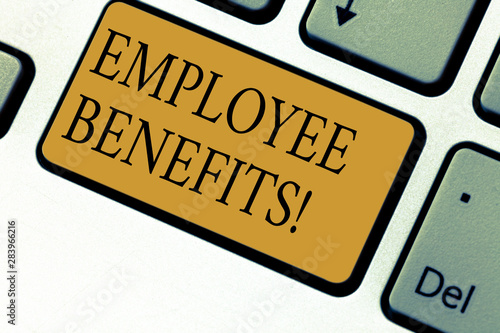 Text sign showing Employee Benefits. Conceptual photo list of advantage recruiter get at work Insurance Keyboard key Intention to create computer message pressing keypad idea photo