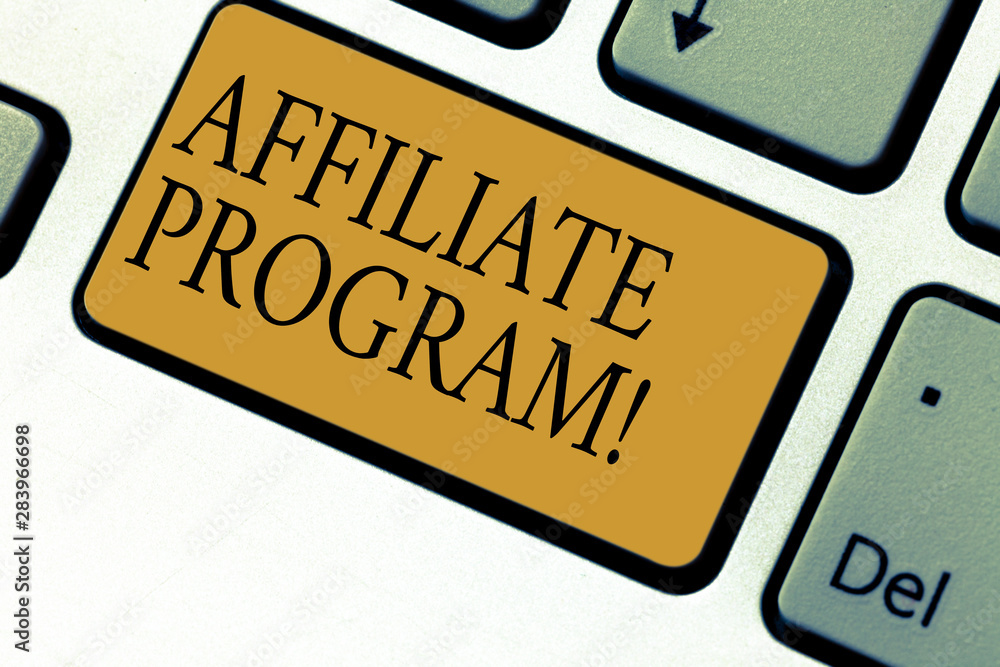 Text sign showing Affiliate Program. Conceptual photo software link songs apps books and sell them to earn money Keyboard key Intention to create computer message pressing keypad idea Text sign showing Affiliate Program. Conceptual photo software link songs apps books and sell them to earn money Keyboard key Intention to create computer message pressing keypad idea