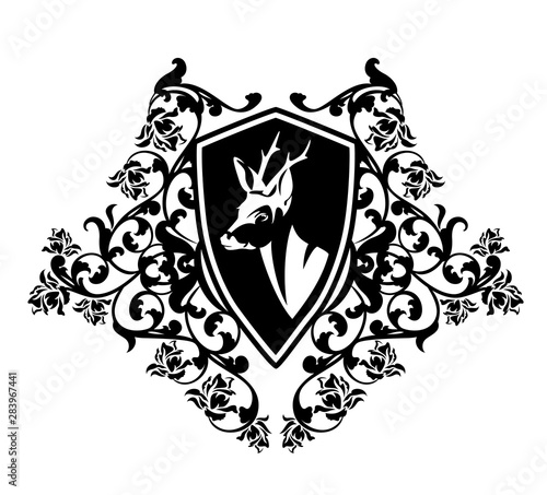 elegant roe deer head inside heraldic shield with rose flowers - vintage style floral coat of arms black and white vector design