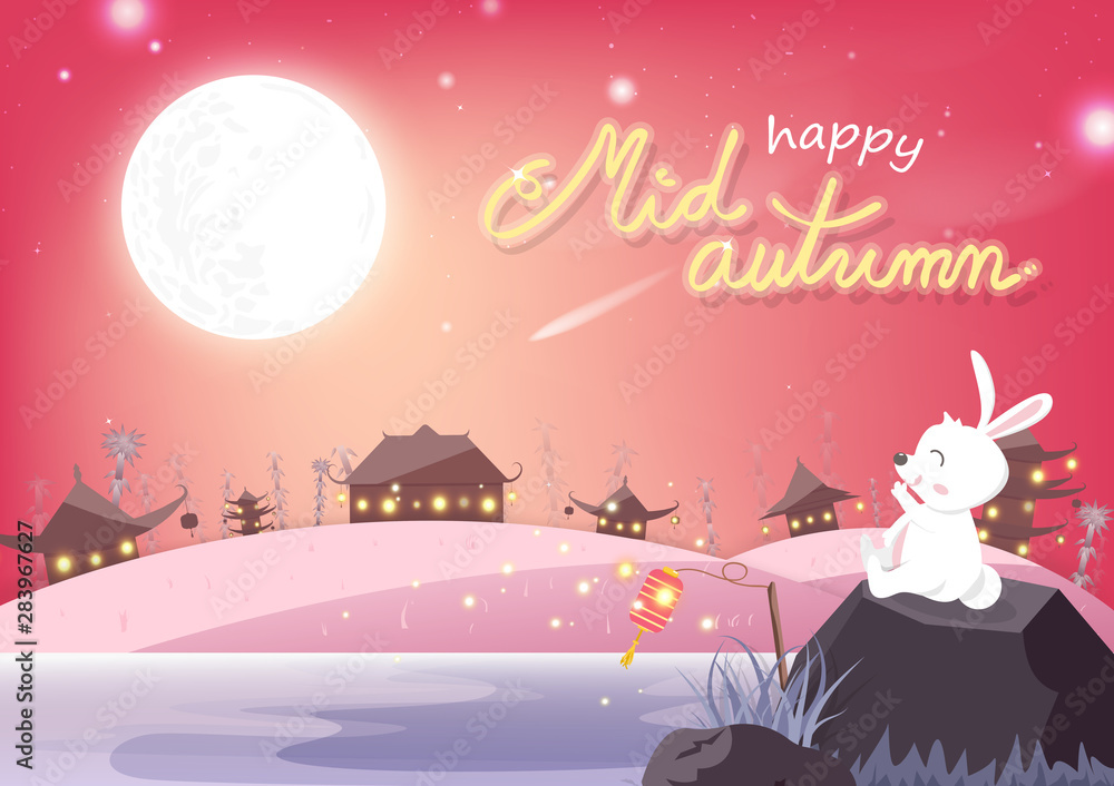Mid autumn, pink pastel, cute bunny cartoon sits on the rock with full moon, invitation card happy festival culture background vector illustration