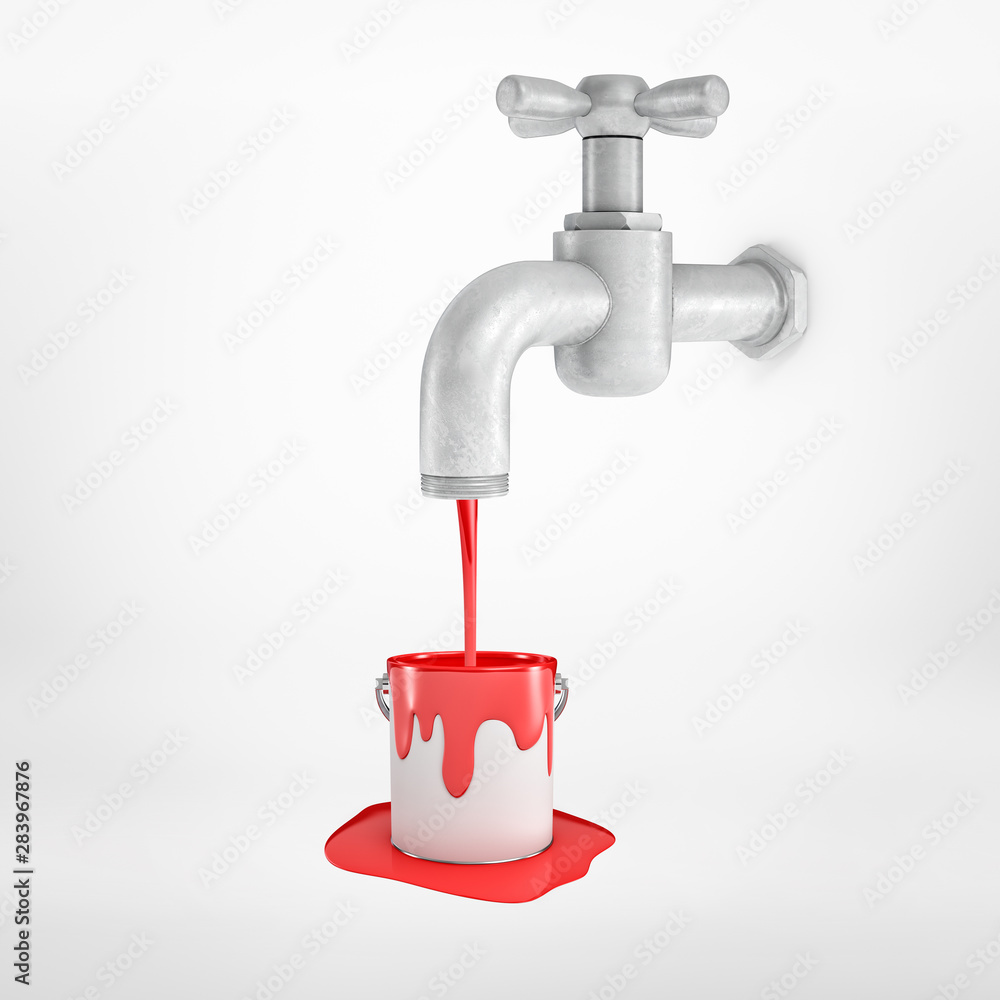 3d rendering of silver metal tap with red paint pouring into metal bucket on white background 3d rendering of silver metal tap with red paint pouring into metal bucket on white background
