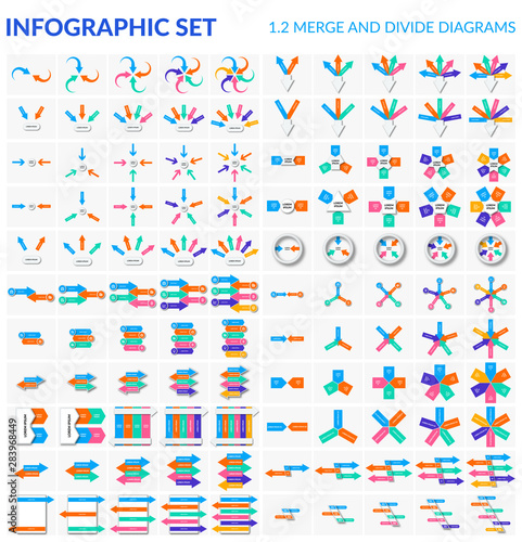 Huge set of infographic elements. Vector pack of merge and divide charts in flat and semi flat style. Arrow diagram templates. 