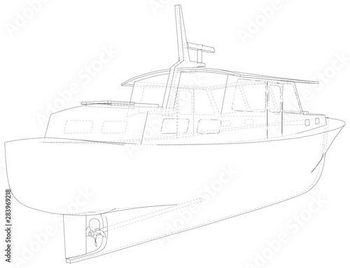 Boat isolated on white. Technical wire-frame. Vector rendering of 3d.