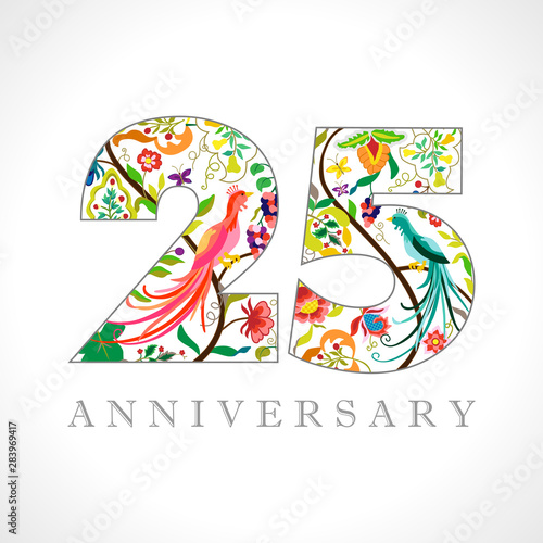 25 years old logotype. 25 th anniversary numbers. Decorative symbol. Age congrats with peacock birds. Isolated abstract graphic design template. Royal coloured digits. Up to 25% percent off discount.