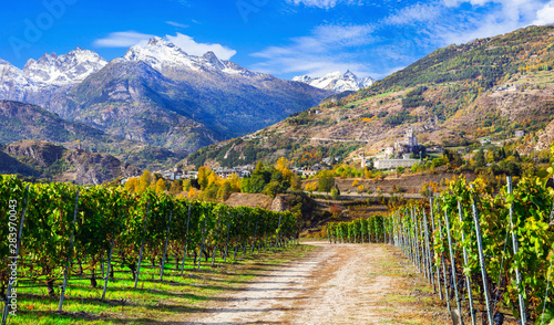 beautiful scenery of Valle d'Aosta, northen Italy. Alps mountains, scenic valley of castles and vineyards 