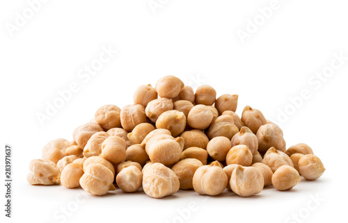 Pile chickpeas close-up on a white background. Isolated