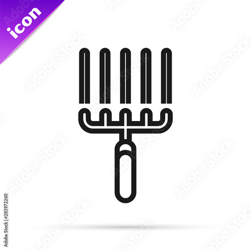 Black line Garden rake in work icon isolated on white background. Tool for horticulture, agriculture, farming. Ground cultivator. Vector Illustration