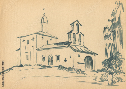 old medieval church sketch