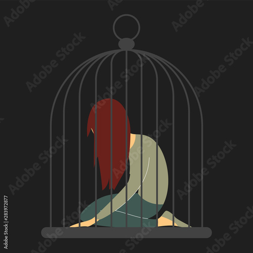 Sad woman in the cage. Man abuse woman