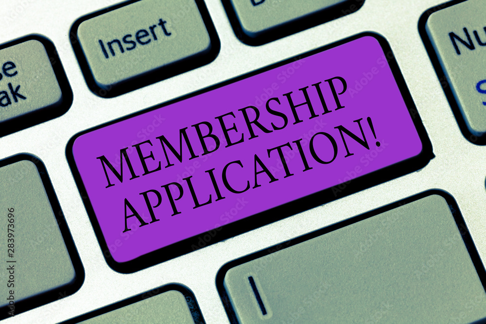 Conceptual hand writing showing Membership Application. Business photo showcasing Registration to Join a team group or organization Keyboard key Intention to create computer message idea Conceptual hand writing showing Membership Application. Business photo showcasing Registration to Join a team group or organization Keyboard key Intention to create computer message idea