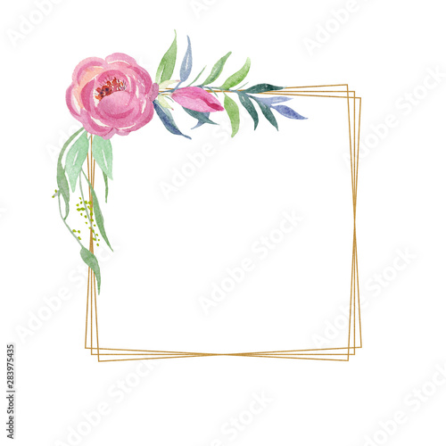 Floral wedding invitation card with rose,cotton,succulent,eucalypyus leaves in watercolor style. Botanical template with golden frame and flowers for invite, greeting and covers, poligraphy.