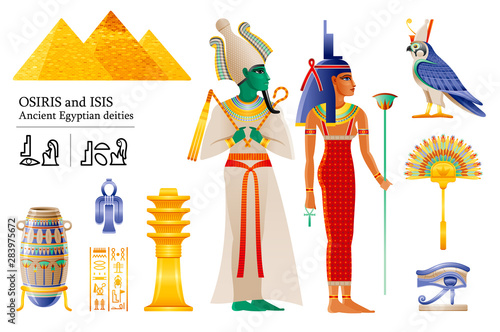Ancient Egyptian god pharaoh Osiris goddess Isis icon set. Fan, vase, Djed pillar, knot, Deity Horus falcon, wadjet. 3d cartoon vector illustration. Old art from Egypt. Isolated on white backgroun