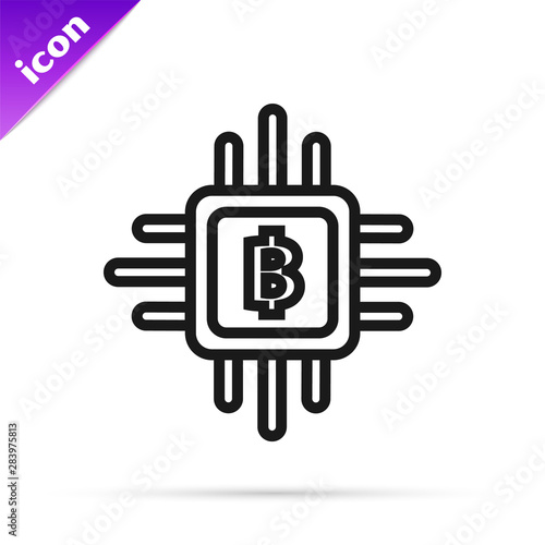 Black line CPU mining farm icon isolated on white background. Bitcoin sign inside processor. Cryptocurrency mining community. Digital money. Vector Illustration