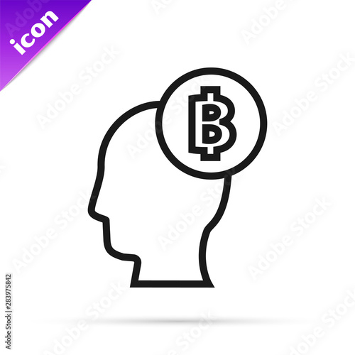 Black line Bitcoin think icon isolated on white background. Cryptocurrency head. Blockchain technology, digital money market, cryptocoin wallet. Vector Illustration