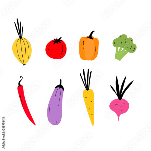 Isolated vector set of decorative vegetables for print, decor. Kids illustration.