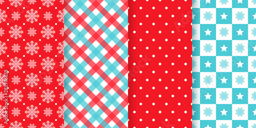 Christmas pattern. Geometric seamless background. Vector. Festive New year texture. Set holiday abstract textile prints with snowflakes, polka dots, stars and checkered. Red blue illustration