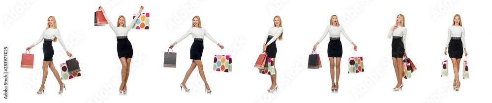 Pretty woman in black and white dress isolated on white Pretty woman in black and white dress isolated on white