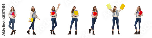 Pretty student holding textbooks isolated on white