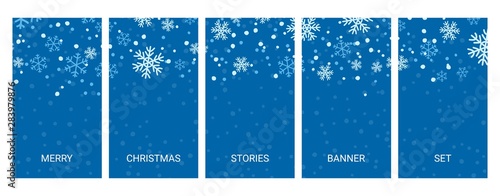 Social media stories banners set, story, texture with falling handdrawn snowlakes, templates for cover, flyier, brochure, vector trendy backgrounds collection.