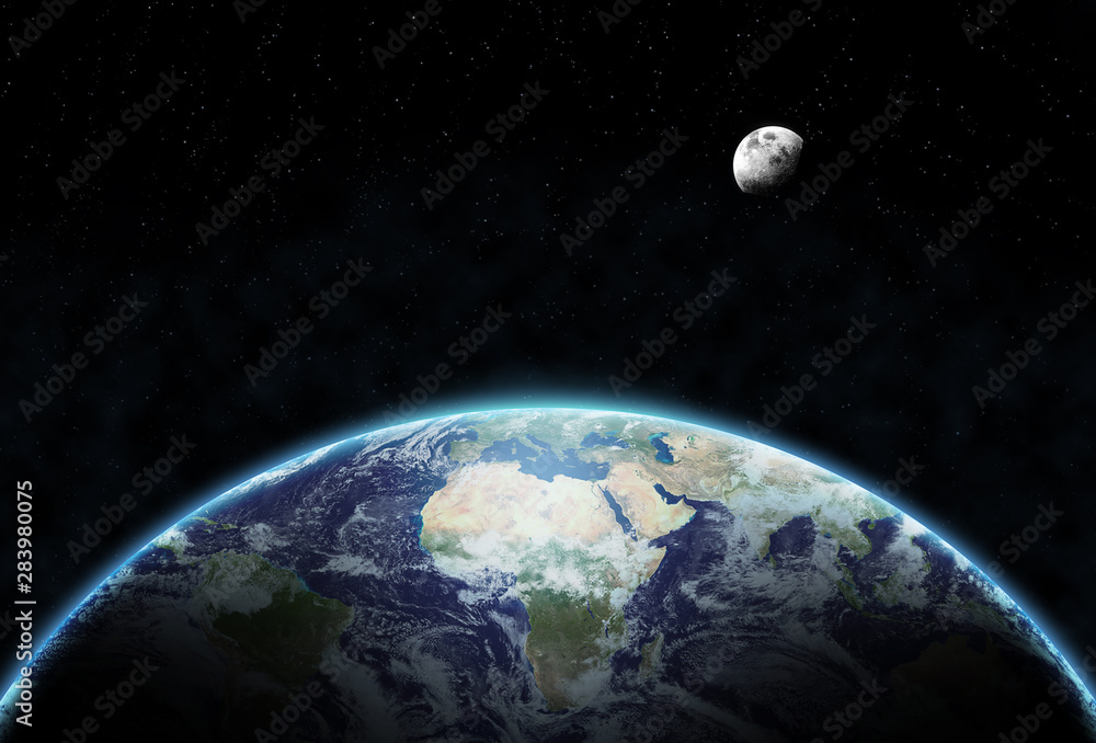 Naklejka premium Earth, Moon with and Galaxy. Space background. Galaxy in deep space universe. Elements of this image furnished by NASA.