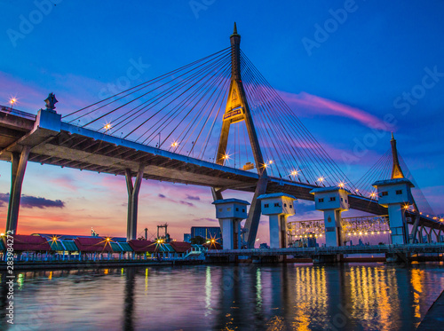 Bhumibol bridge views at sunset in Bangkok Thailand
