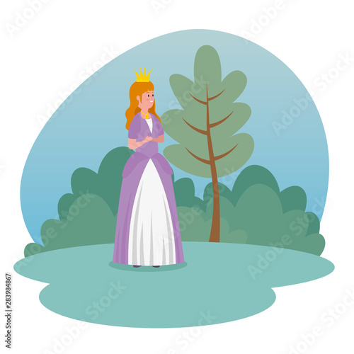 girl princess with crown and dress next to tree and bushes