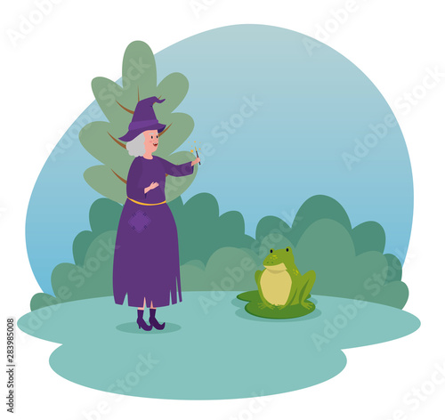 old woman witch with magic wand and frog
